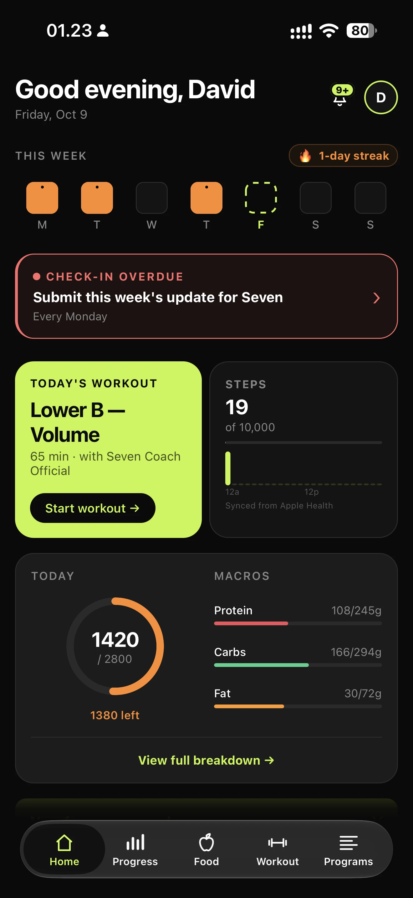 The seven member app home screen: this week, today's workout and macros