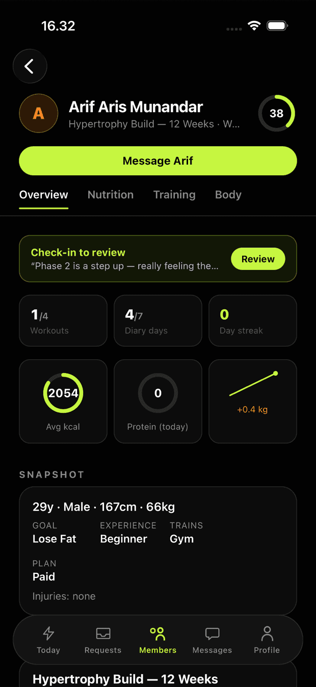 Coach app — member dashboard