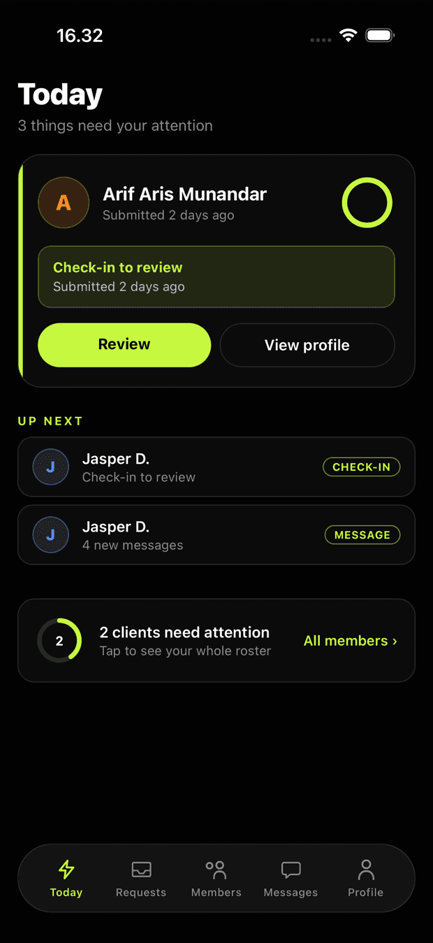 Coach app — today's triage queue