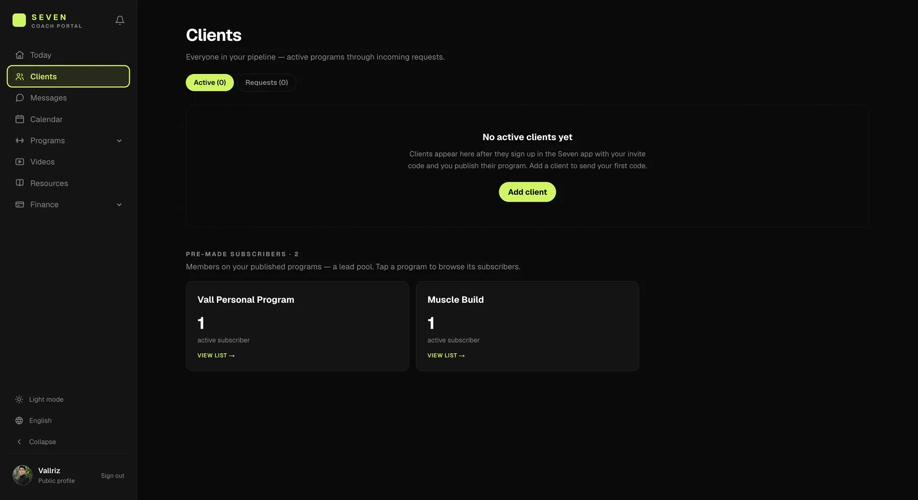 Clients screen in the Coach Web Portal