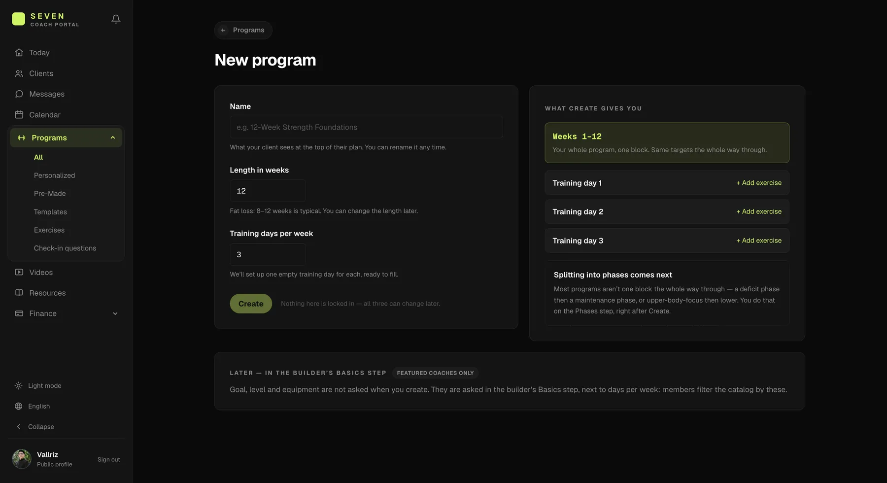 New program screen in the Coach Web Portal