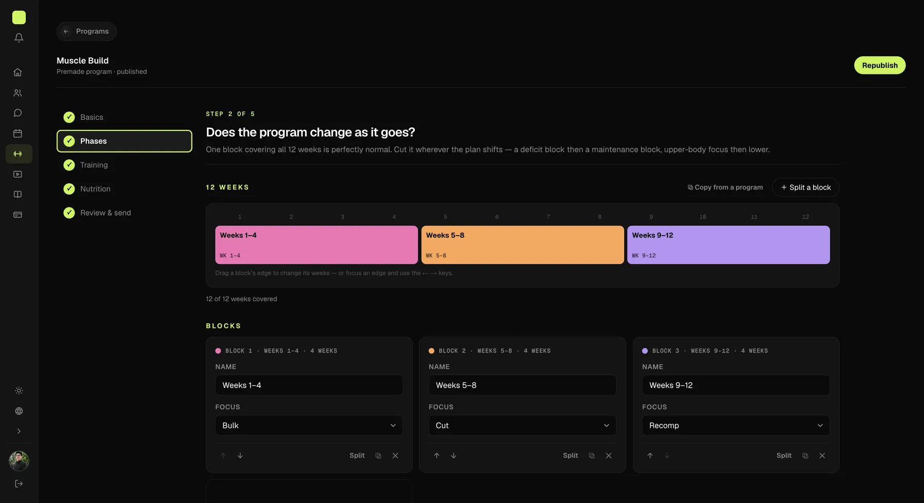 Phases step of the program builder in the Coach Web Portal