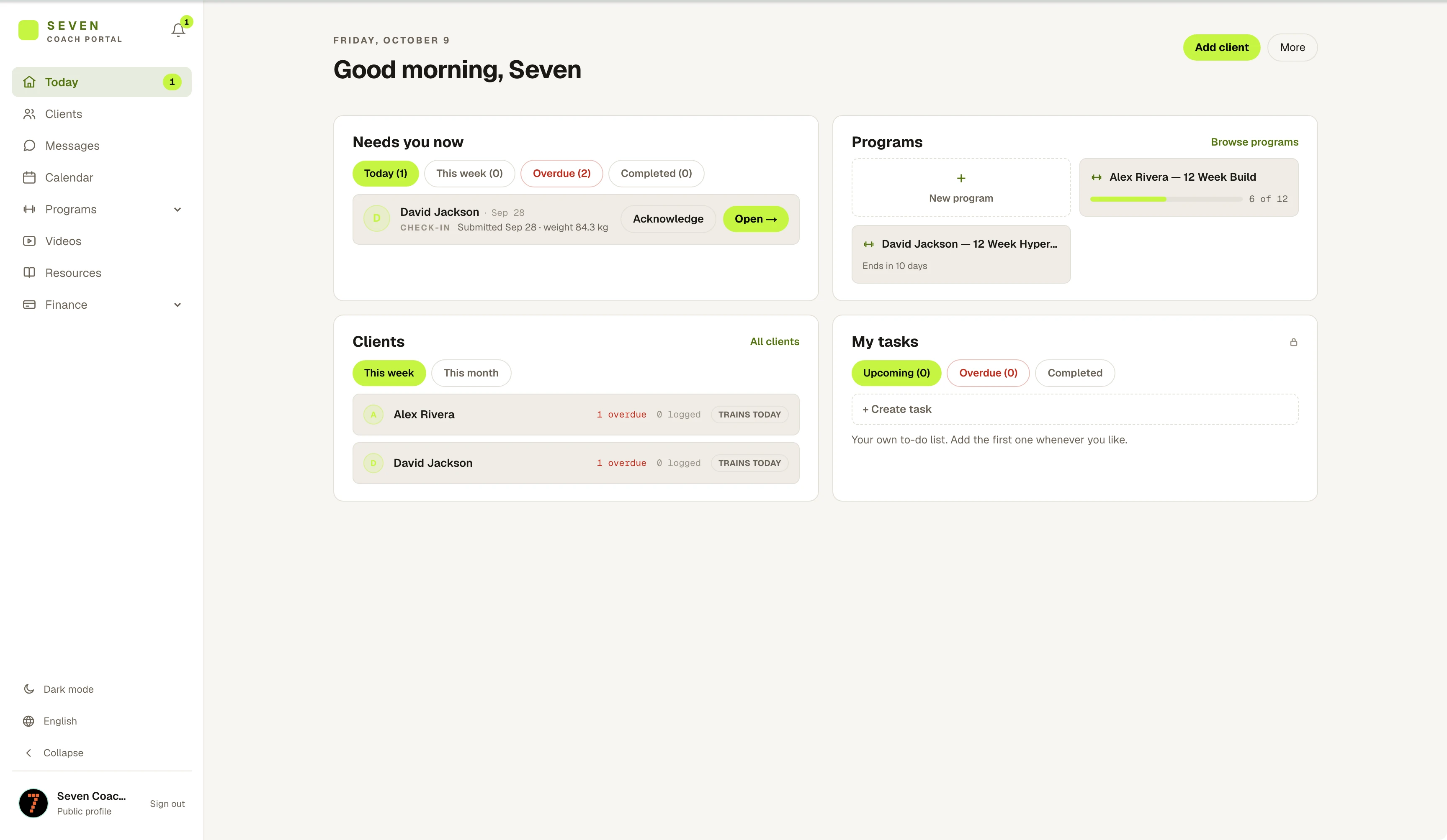 Today screen of the seven Coach Web Portal